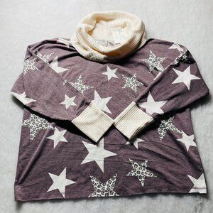 NWT Live Well Lounge Womens Brown 3/4 Sleeve Star Print Soft Sweatshirt Size XL
